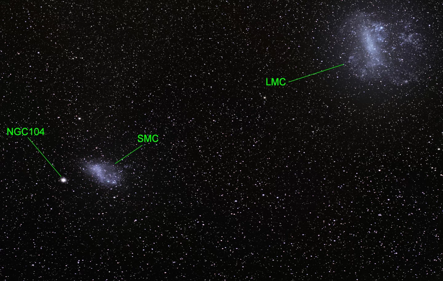 The Large and Small Magellanic Clouds. Note the enormous NGC104 globular cluster to the left of the SMC (Photo: ESO/S. Brunier)
