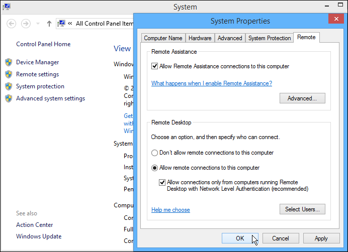 Set your computer to accept remote desktop connections