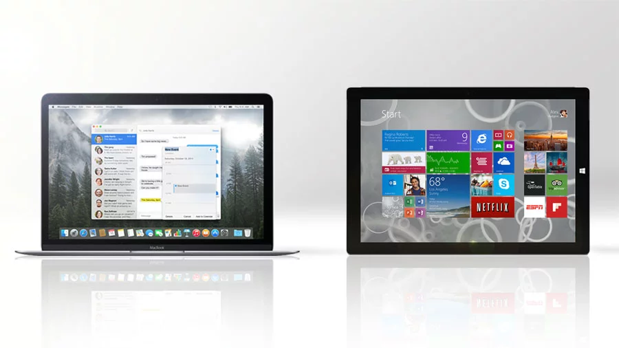 Gizmag compares the features and specs of Apple's new 12-in MacBook (left) vs. the Microsoft Surface Pro 3