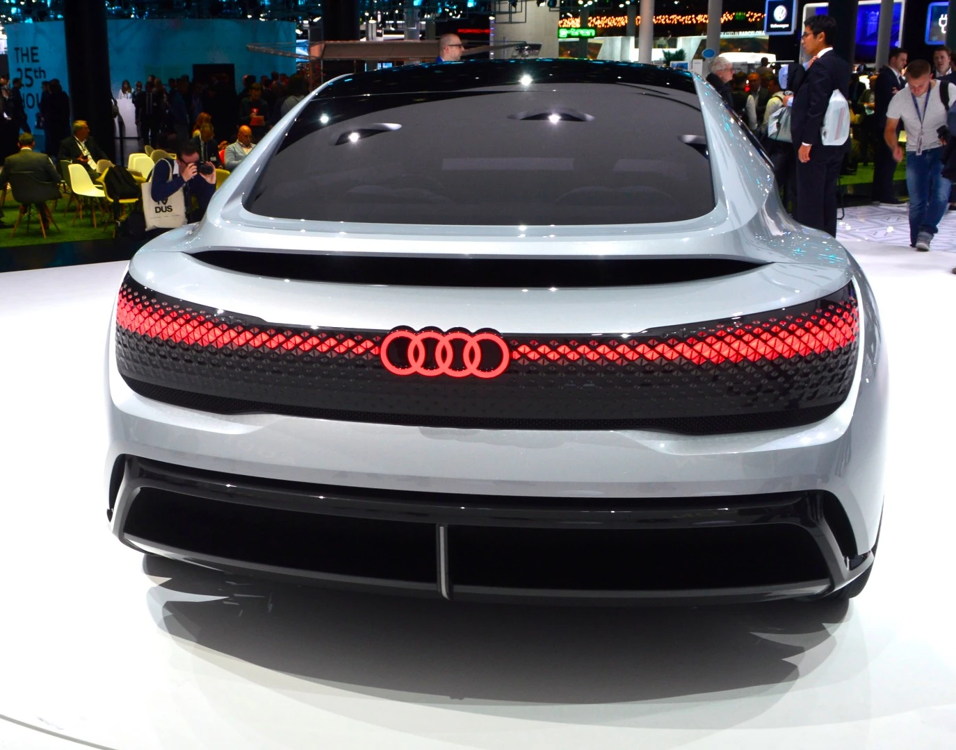 In place of traditional headlights and taillights, Audi has opted for an LED lighting array using digital displays with triangular pixel segments