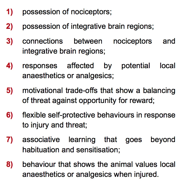 The eight criteria the report developed to evaluate sentience in a given animal
