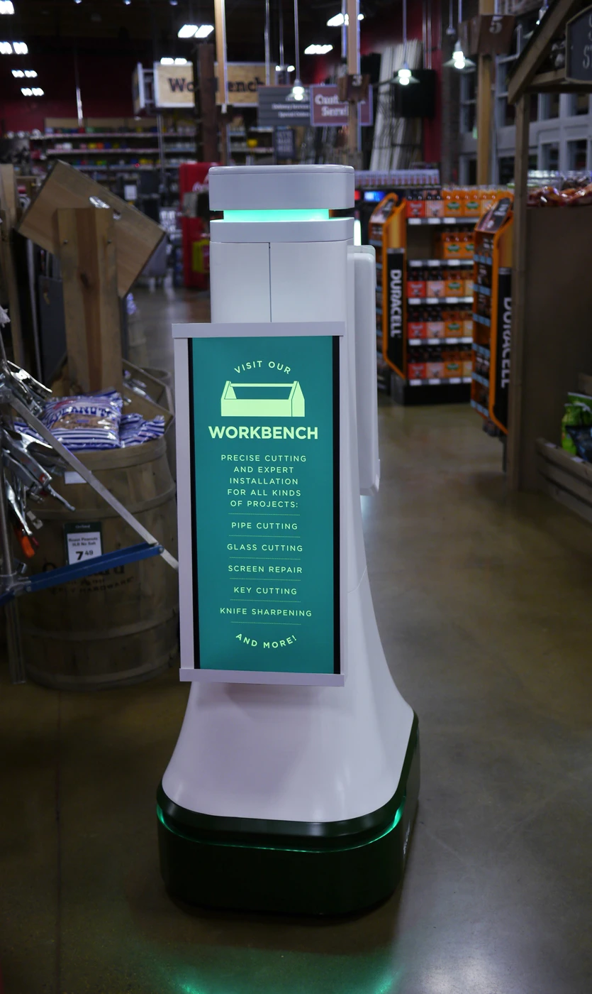 The OSHbot robot has flatscreens front and back
