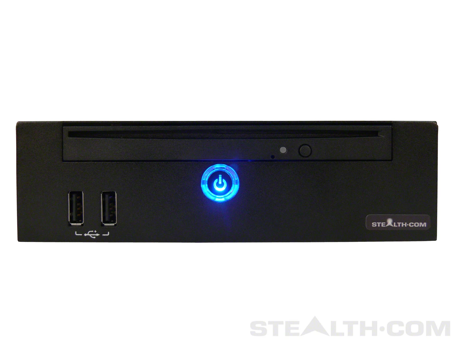 To the front - a slot loading optical drive, a couple of USB 2.0 ports and an illuminated power button