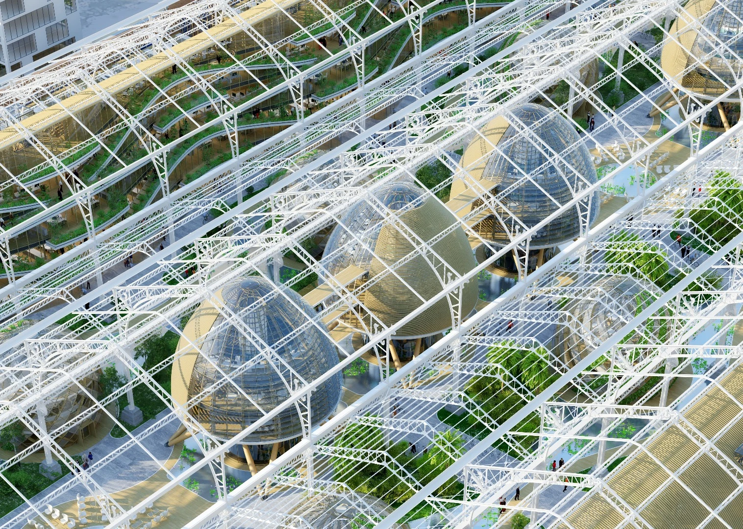 The raised pod-like buildings would provide meeting spaces within Tour & Taxis' existing Marine Terminal