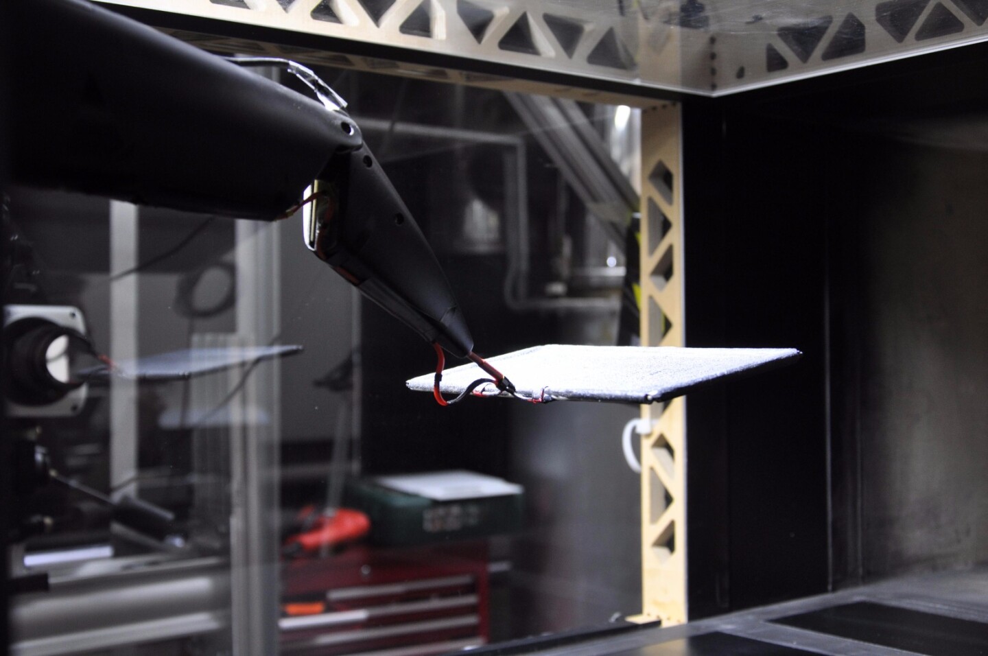 The membrane being tested in a wind tunnel