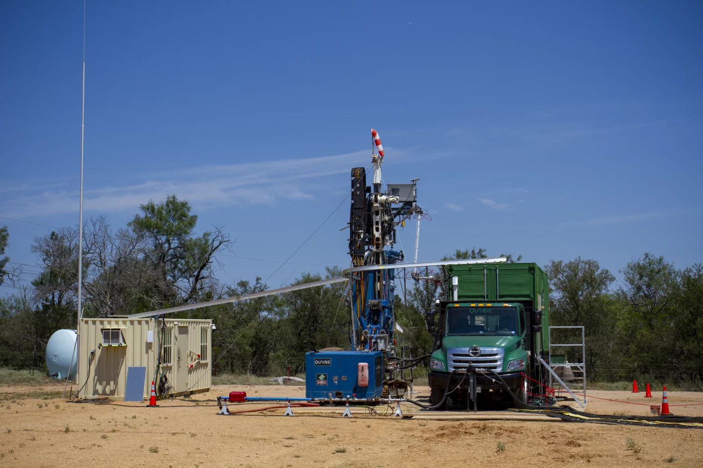 Quaise's M1 Mobile Unit in Marble Falls makes it almost as easy as a food truck. In that truck is the gyroton, the box on the left is the control center, and not pictured, to the right is the generator. Can I get a geyser to go, please?