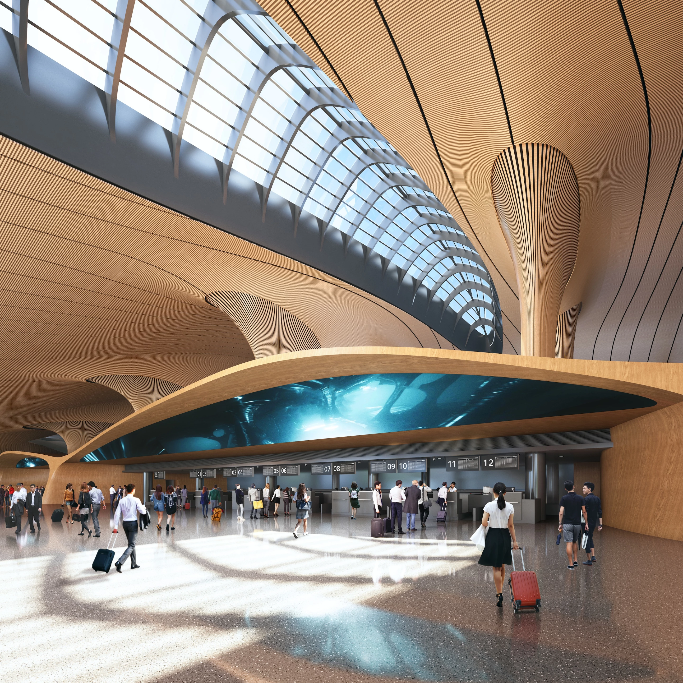 Lishui Airport's interior will feature attractive curving timber and will be designed to be easy to navigate
