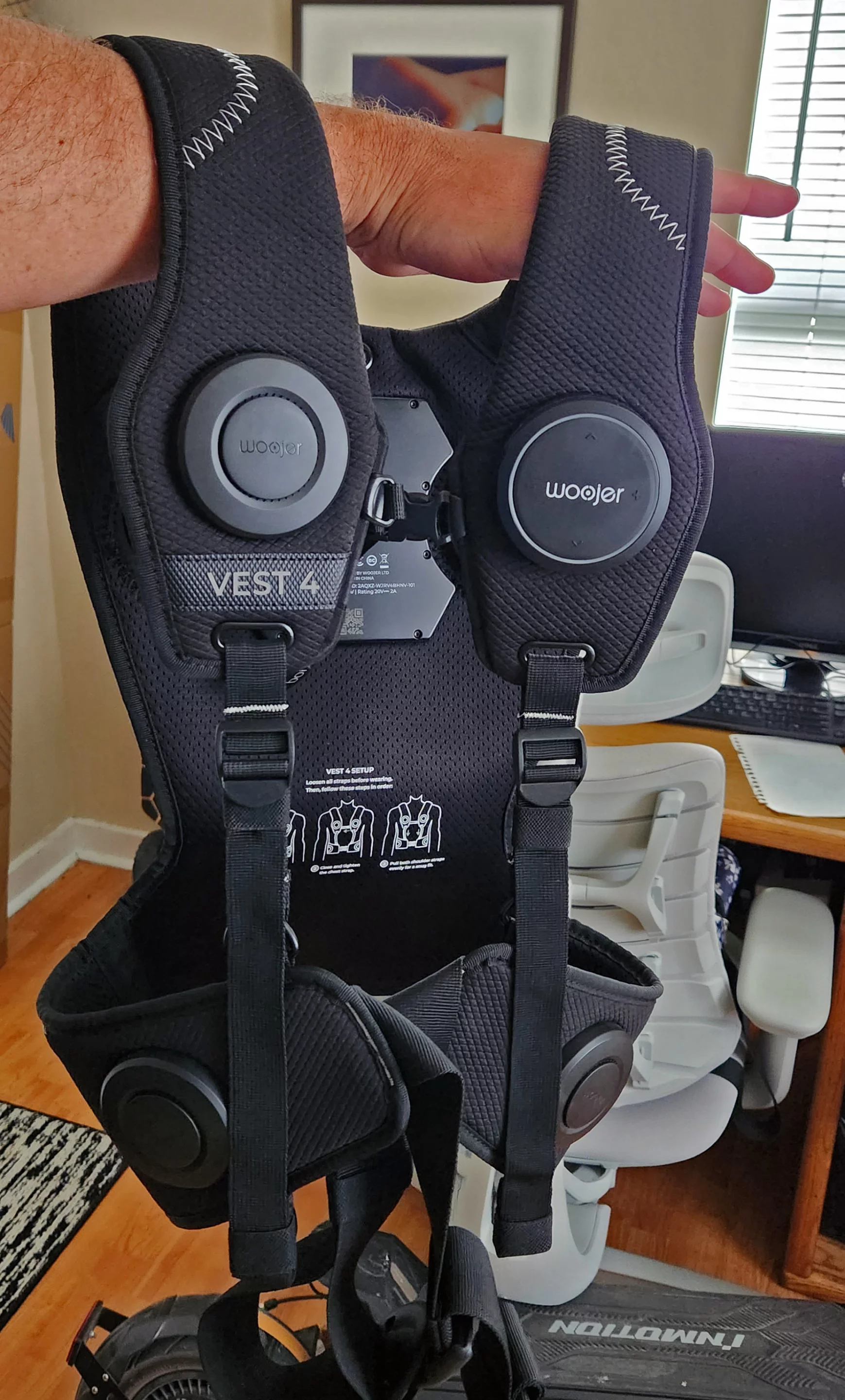 The Woojer has a ton of adjustability in the straps. I'm a big dude at 6'3, 240 lb (109 kg), and I still had the straps mostly cinched down, and with what feels like literal feet of extra adjustment left if I needed to go bigger.