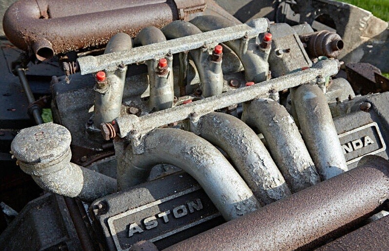 An Aston Martin prototype 5,340 cc, fuel-injected V8 with many of its ancillary parts missing