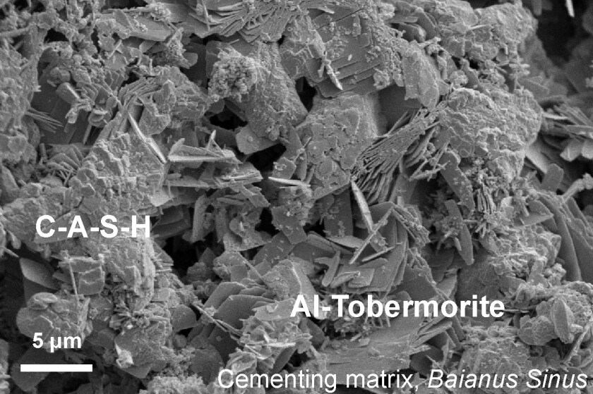 A microscope image of a mix of volcanic ash, lime and seawater, which has resulted in the growth of Al-tobermorite crystals