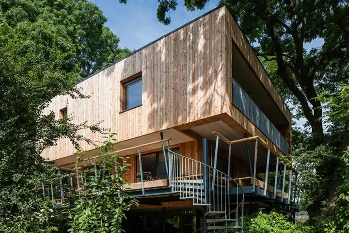 Dursley Treehouse is a stunning family home built above a series of screwpiles, specifically designed for minimal impact on the ground