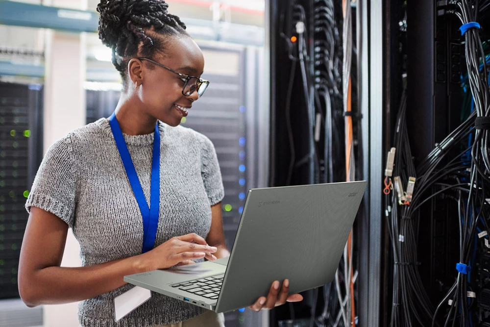 The Chromebook Vero 514 can be optioned with a 12th Generation Intel Core i7 processor with integrated graphics, supported by up to 16 GB of LPDDR4 RAM and 512 GB of M.2 PCIe Gen4x4 NVMe storage