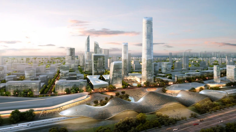 The wavy-roofed building in the foreground is that of the high-speed rail station