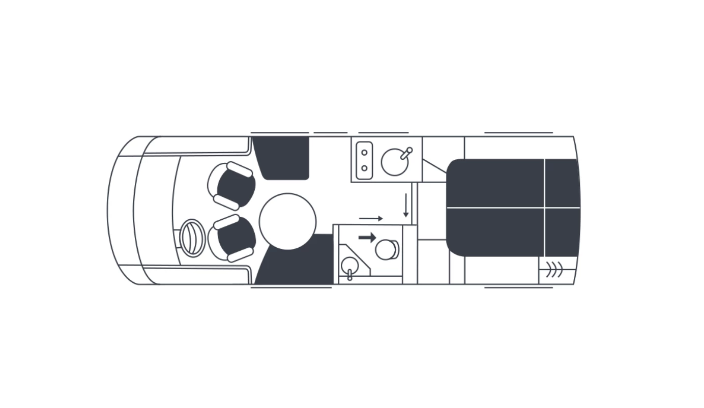 The 730-cm iSmove 7.3 F floor plan offers an island-style queen bed in the rear