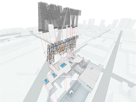 An exploded view of the installations steel angled frame and recycled skateboard skin (Image: CODA)