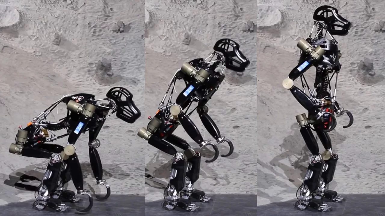 DFKI-Bremen's iStruct uses its active spine and multi-contact feet to transition from all fours to an upright position