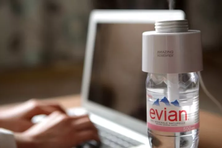 The Amazing Humidifier is a travel-sized device that creates water vapor from a store-bought bottle of water