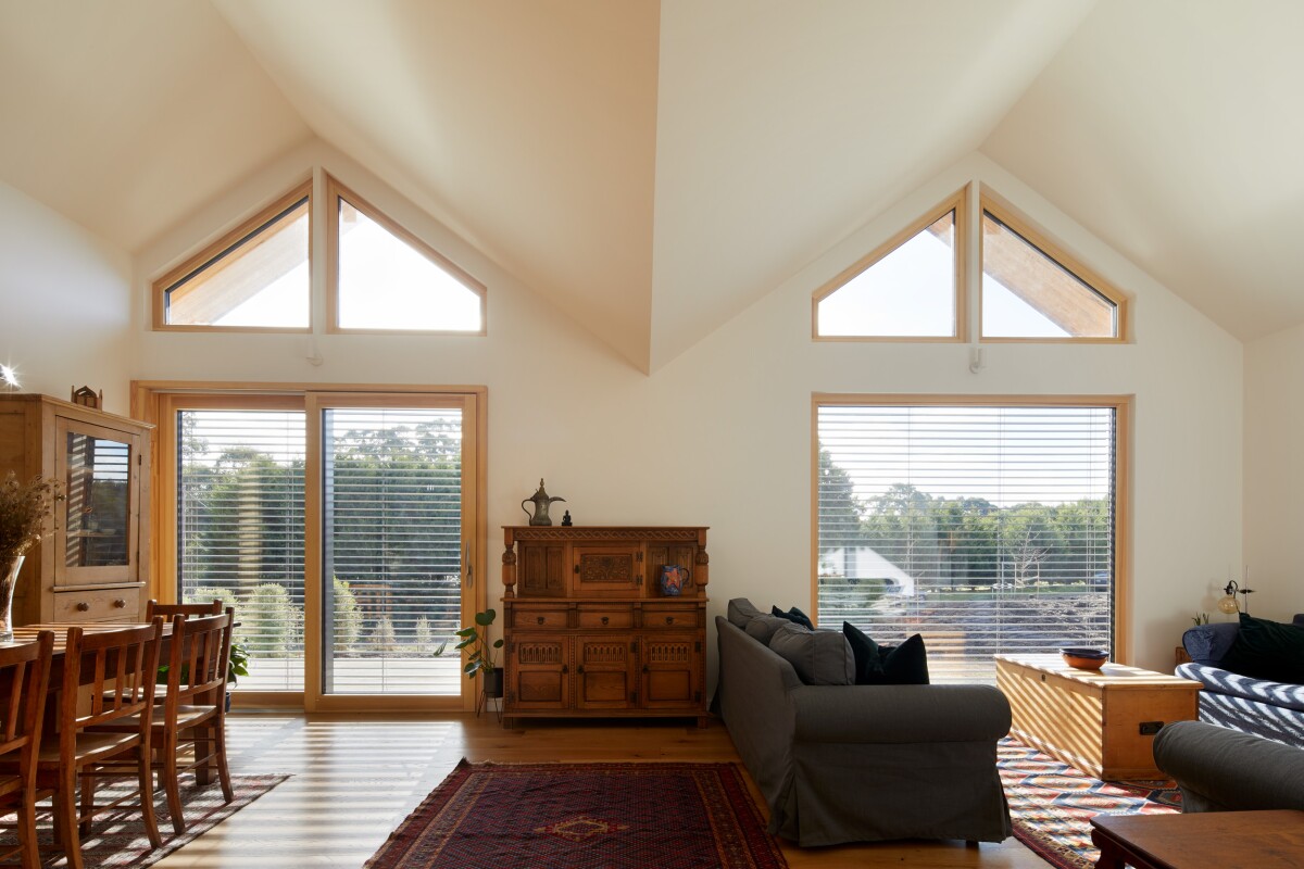 The floor plan is designed to provide passive heating during the cooler months