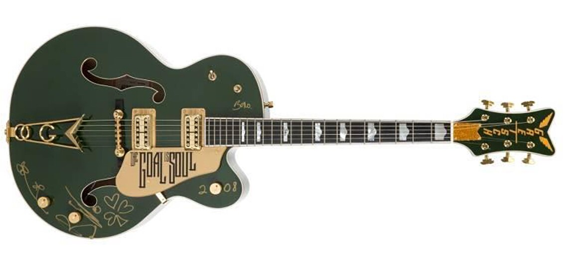 This series of guitars was a collaboration between Gretsch and U2's Bono and this particular guitar was used by Bono on U2’s 2005 "Vertigo Tour." The guitar has been auctioned twice, originally in April, 2007 where it achieved it's $225,000 price at a Juliens auction. Subsequently, in December 2011, the same guitar fetched somewhat less at $176,000 ($140,800 plus buyer's premium), also at a Juliens auction.