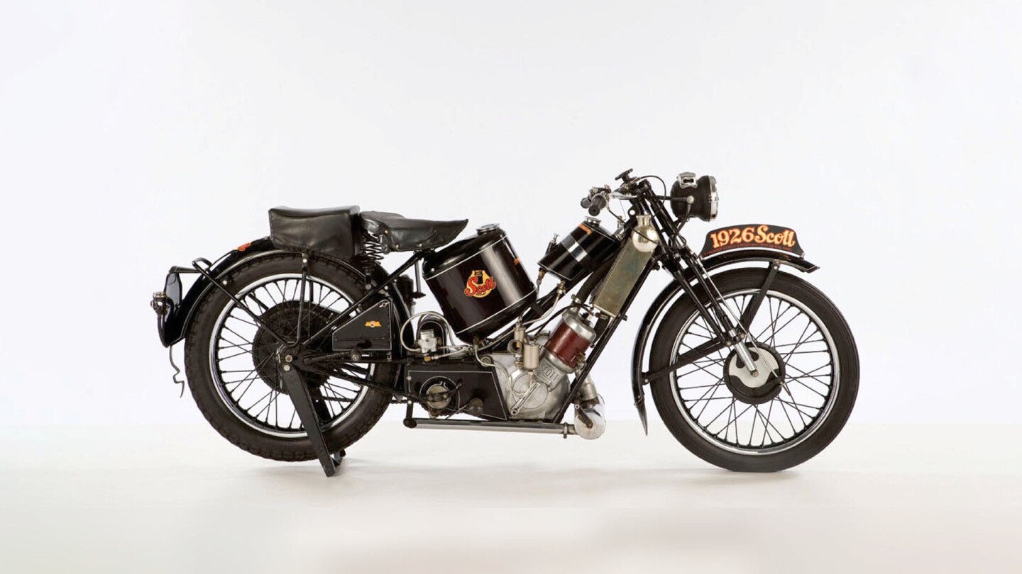 This 1929 Scott Flying Squirrel was restored by Kenny Howard (Von Dutch) for his friend Steve McQueen. The 1926 number plate was a mistake - Kenny and Steve imbibed a lot of substances together. It sold for $276,000 at an Antiquorum New York auction in 2009.