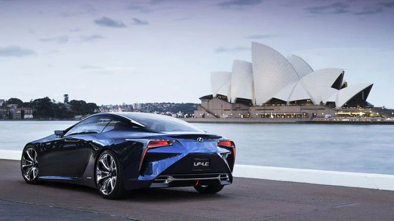 The Lexus LF-LC Blue concept vehicle in front of the Sydney Opera House