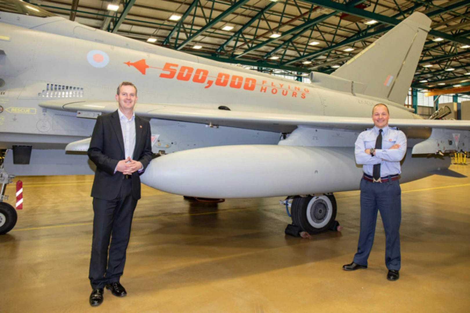 Royal Air Force Typhoon Force Commander, Air Commodore Mark Chappell and Typhoon Support Delivery Director Richard Hamilton, in the Typhoon Maintenance Facility RAF Coningsby