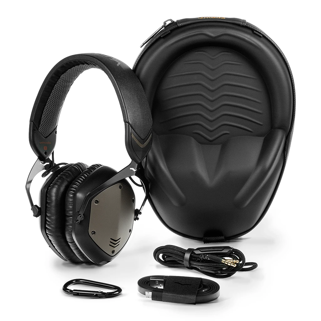 V-Moda's Crossfade Wireless headphones in gunmetal with accessories