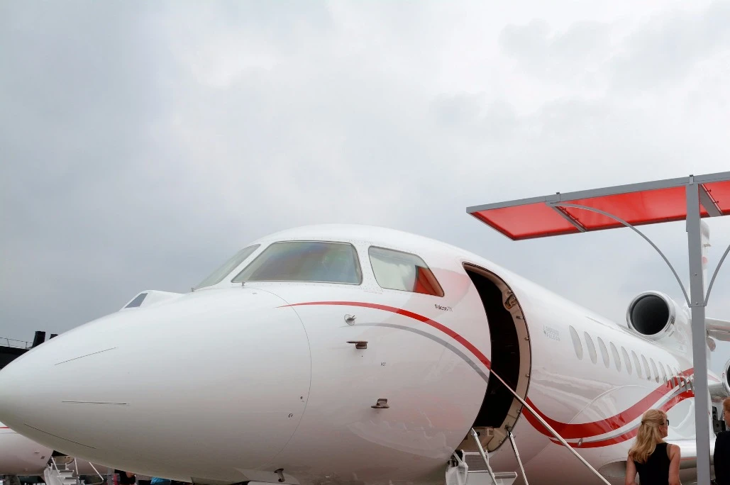 The Falcon 7X business jet, said to be the first certified with a digital flight control system and the most fuel efficient in its class