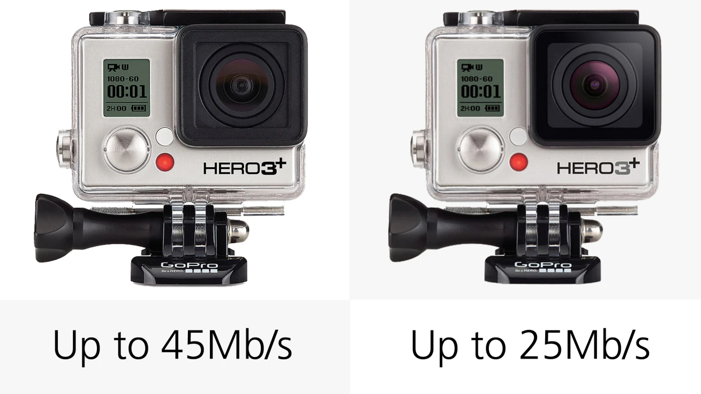 The various GoPro cameras offer differing high bitrate video recording (H.264), from 25 Mb/s to 60 Mb/s
