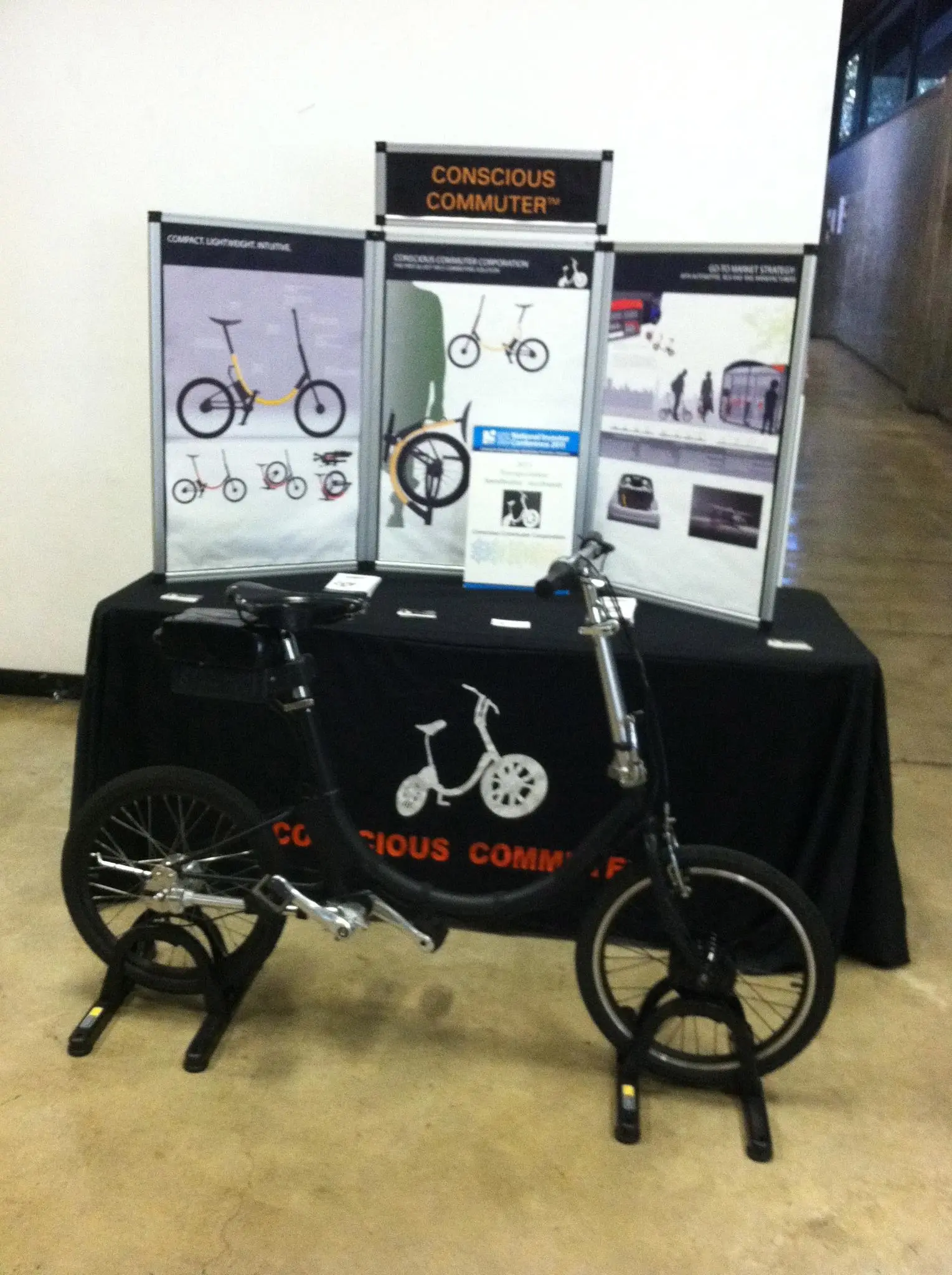 The folding e-bike prototype on display at the Art Center College of Design recently