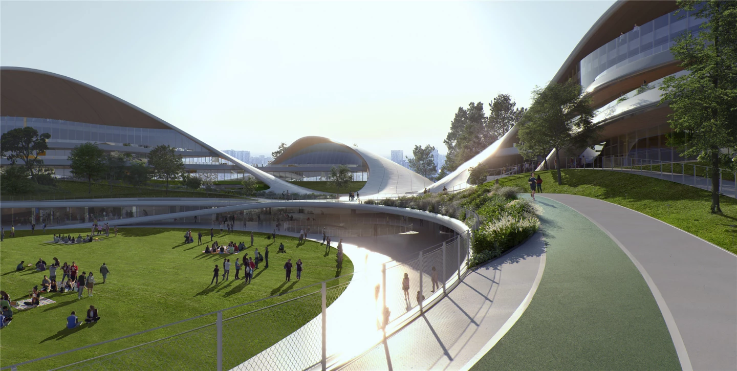 The Jiaxing Civic Center's extensive landscaping will include winding paths and riverfront views, plus exercise areas