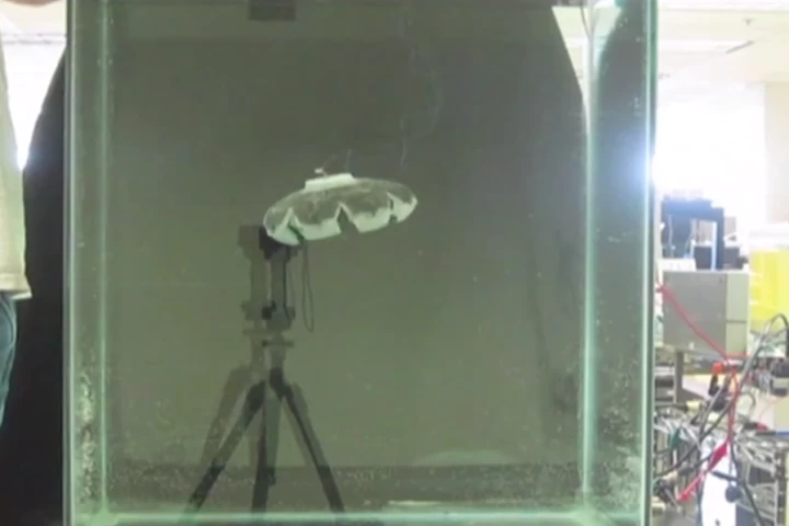 Researchers have created a robot that mimics the motion of a jellyfish and draws energy from the water in which it swims