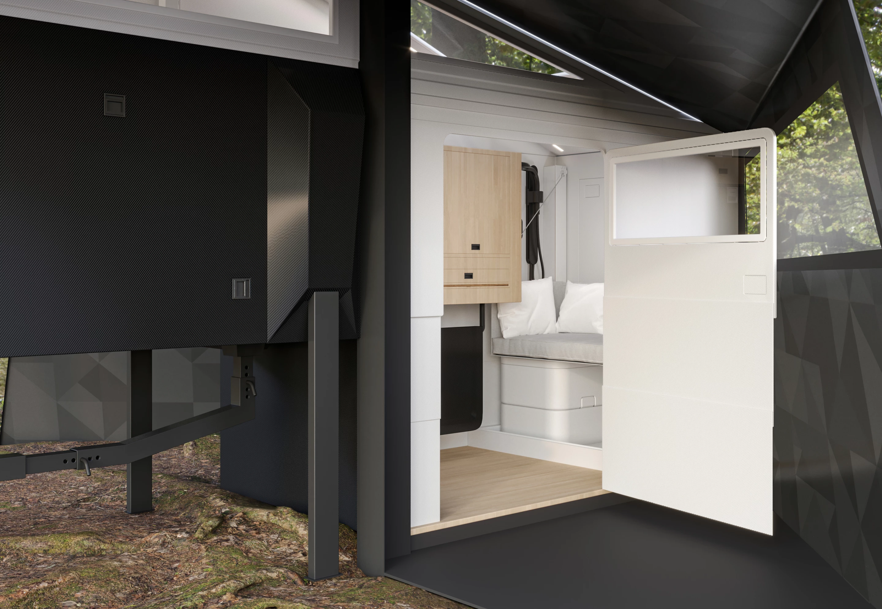 The main camper includes a hard roof, hard walls and an exit door under the side canopy