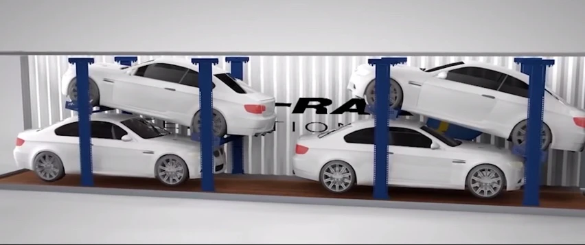 The R-Rak hardware consists of an adjustable steel frame that allows the front and rear of the top vehicle to be incrementally raised or lowered as needed, so that the bottom vehicle can fit snugly beneath it