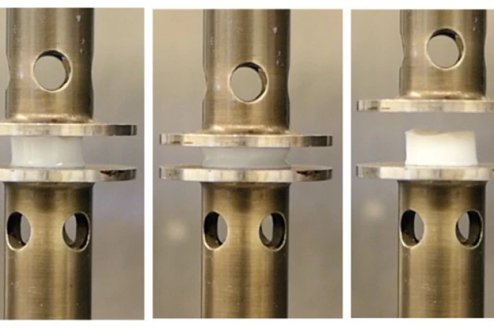 A new material developed at the University of Chicago is subjected to mechanical stress, causing it to increase in strength