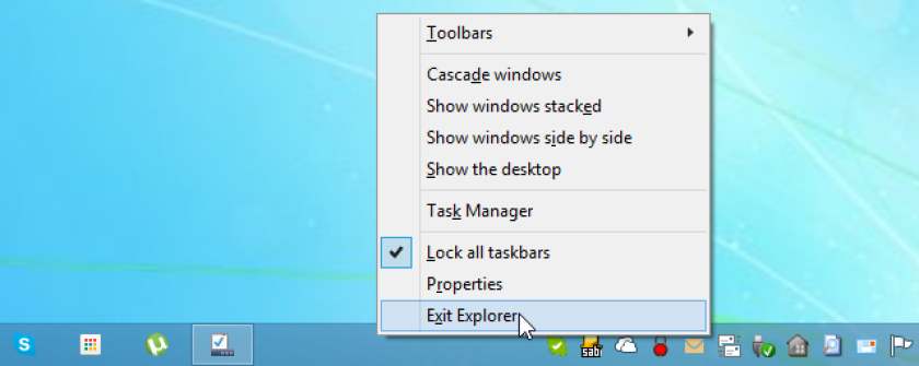 Hit Ctrl+Shift and right-click the taskbar to exit explorer
