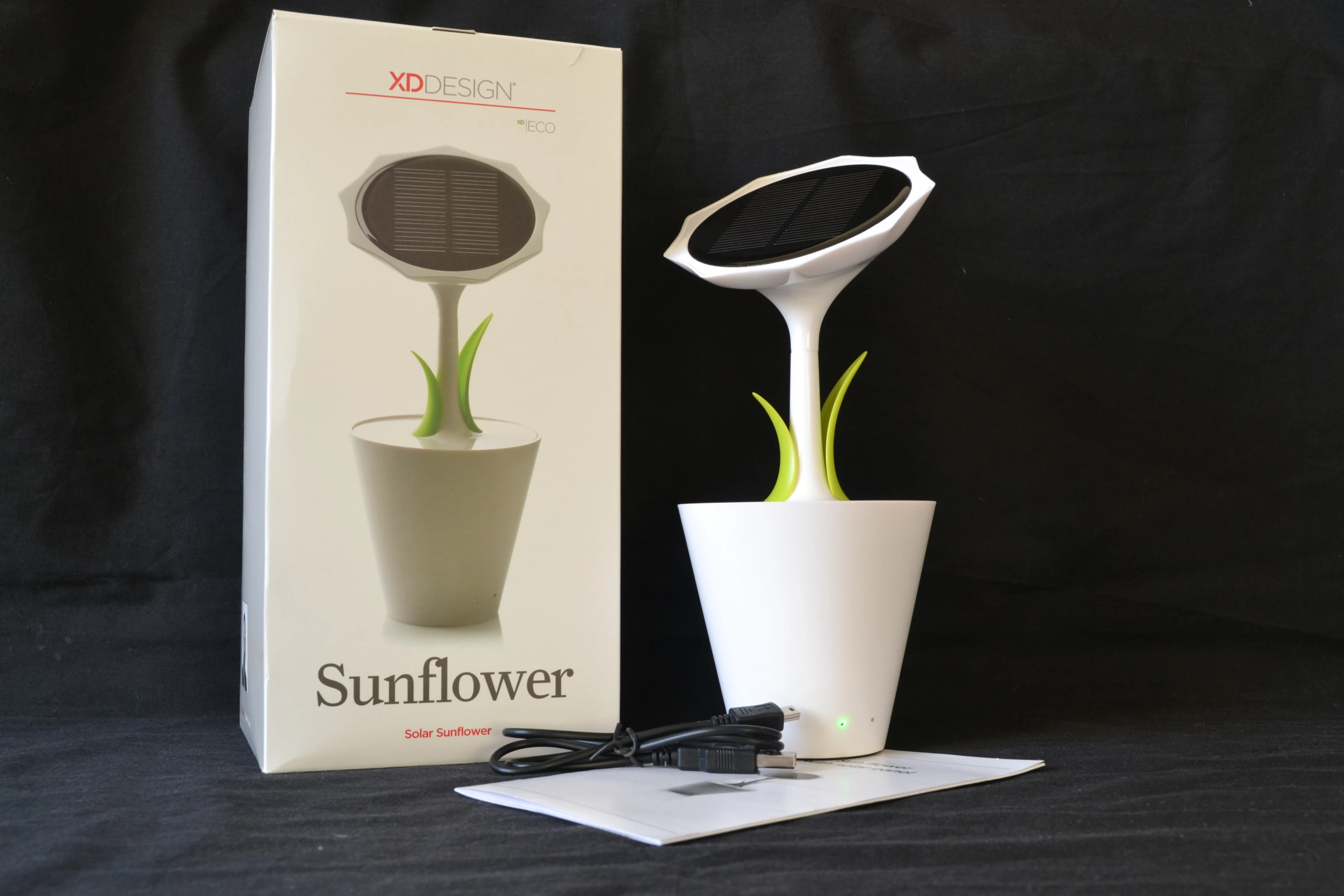 In the box – the Solar Sunflower, user manual and USB cable