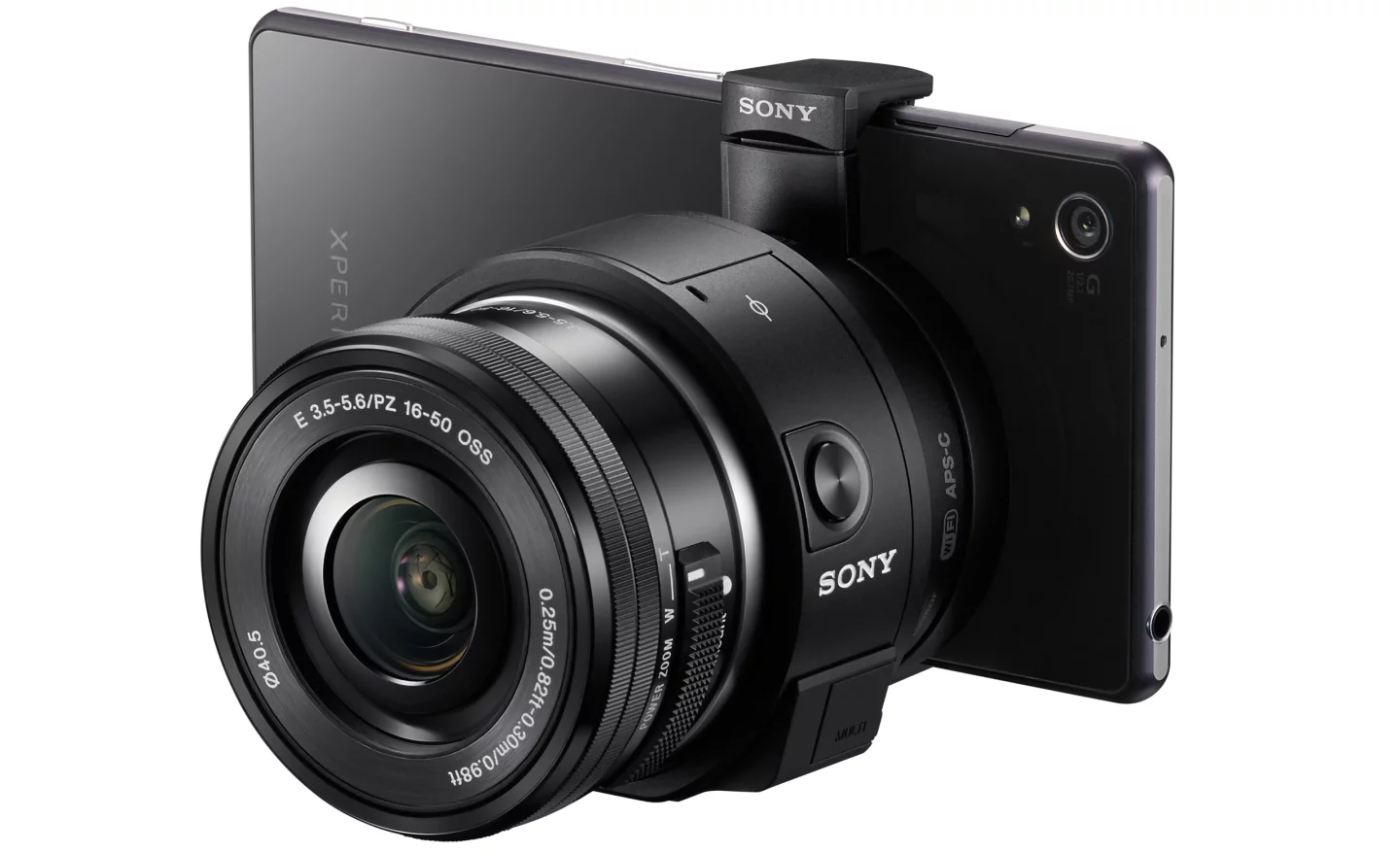The Sony ILCE-QX1 can be used remotely, or physically connected to a phone with an attachment plate