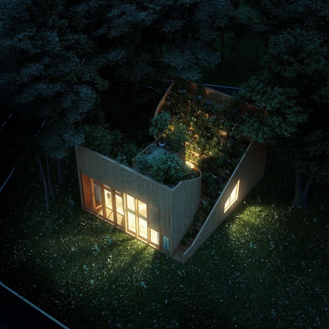 Yin & Yang house at night