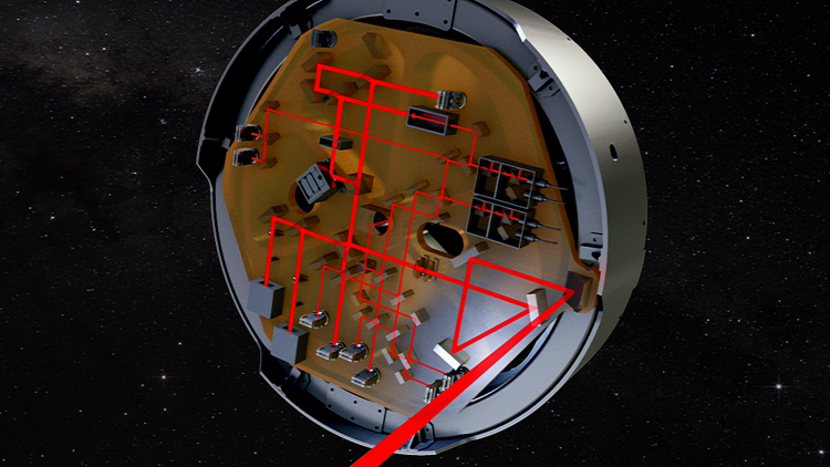 Artist's impression of the laser interferometers on the eLISA optical bench (Image: AEI/MM/exozet)