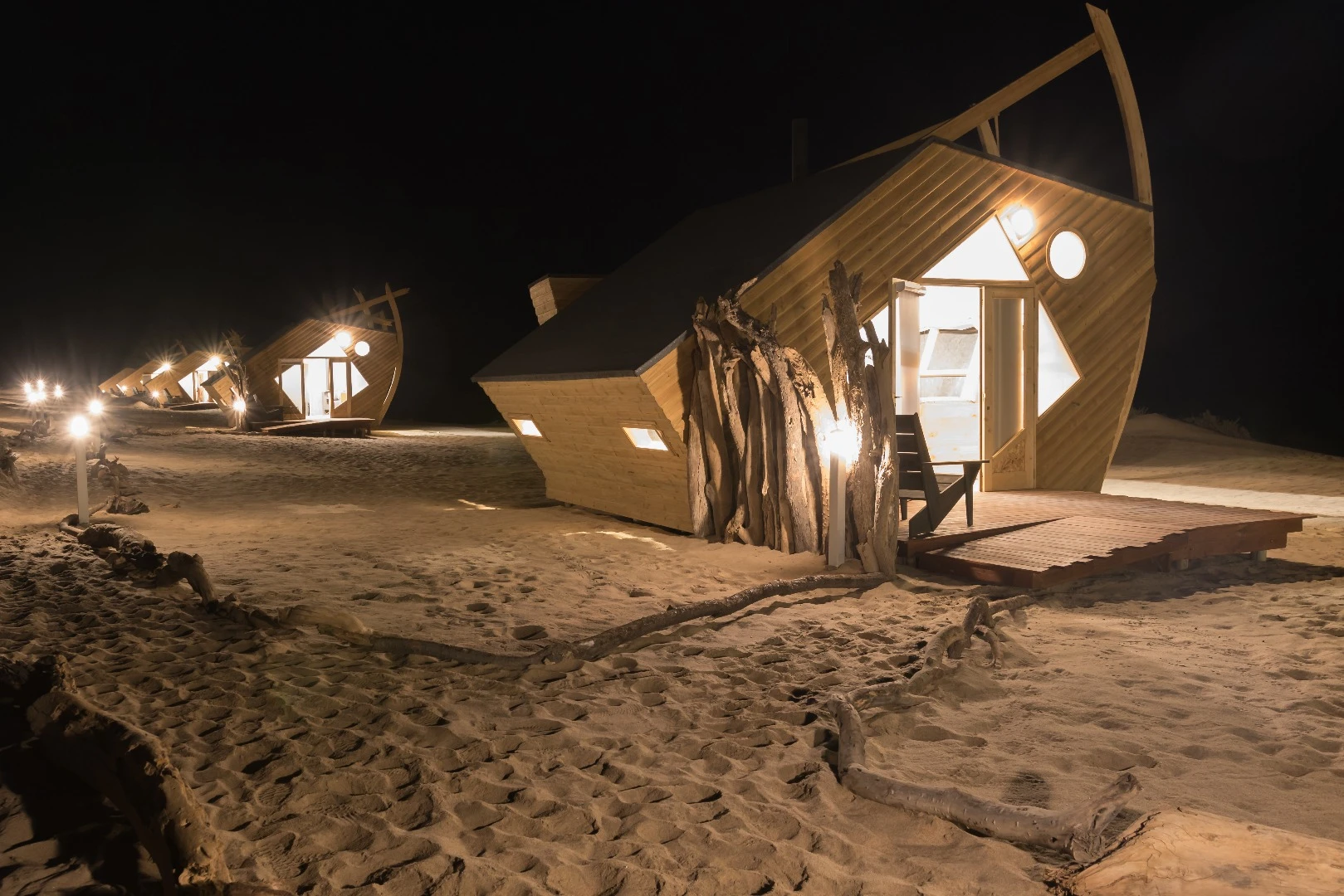 The solar-powered chalets making up Shipwreck Lodge in Namibia are built to mimic fallen ships