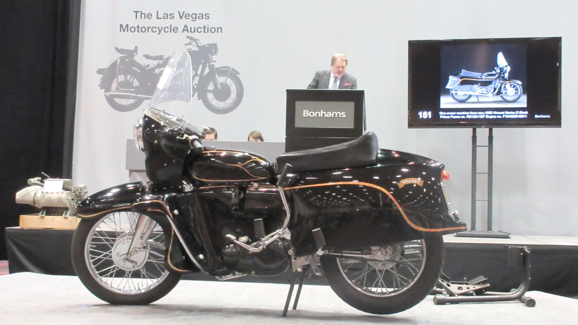 Bonhams Lot 151, a 1955 Vincent Series-D Black Prince, became the most expensive example of the fully-enclosed Black Shadow ever sold at auction, surpassing the previous record of £91,100 ($153,094) set in June 2014 for another 1955 model which was in basketcase condition. Only around 200 Black Princes were ever built.