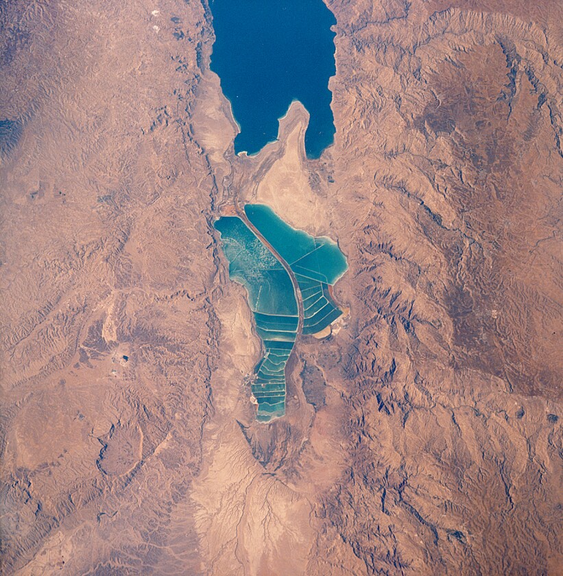 Evaporation ponds south of the Dead Sea taken from a Space Shuttle mission in 1989