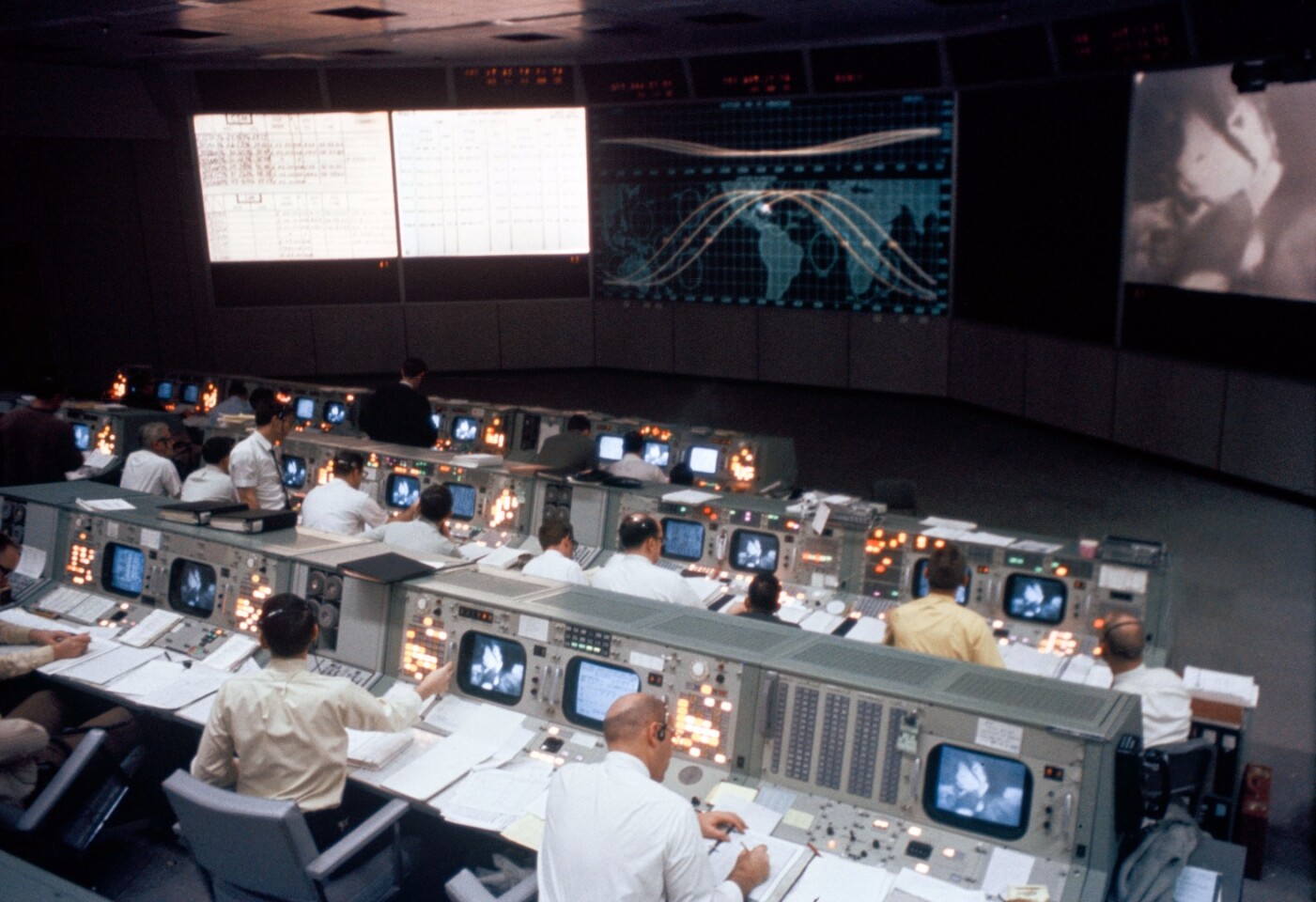 Shot of the Historic Mission Operations Control Room snapped as during a live television transmission from Apollo 9 as it orbited the Earth
