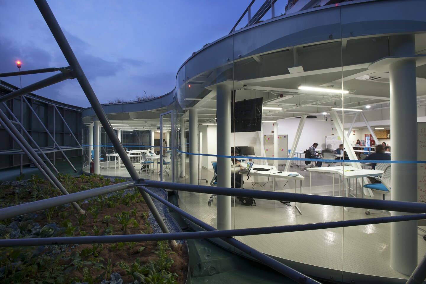 LED-based lights have been installed to provide lighting for late night working (Credit: Jaime Navarro; Courtesy Rojkind Arquitectos)