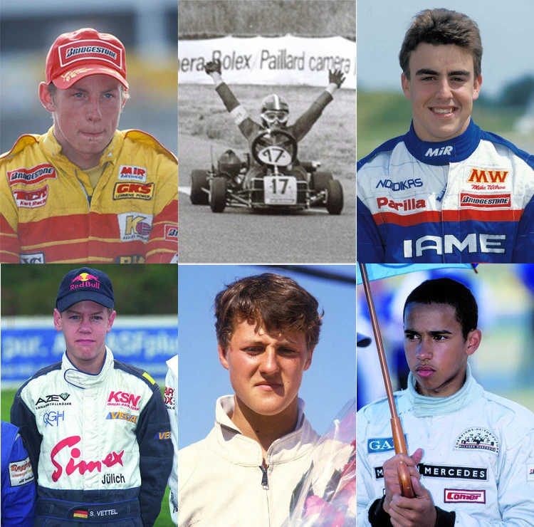 Six World Formula One Champions with 21 drivers titles between them, all pictured during their karting days. Clockwise from top left, Jenson Button, Alain Prost, Fernando Alonso, Lewis Hamilton, Michael Schumacher and Sebastien Vettel. (Photos: CIK/Caro)
