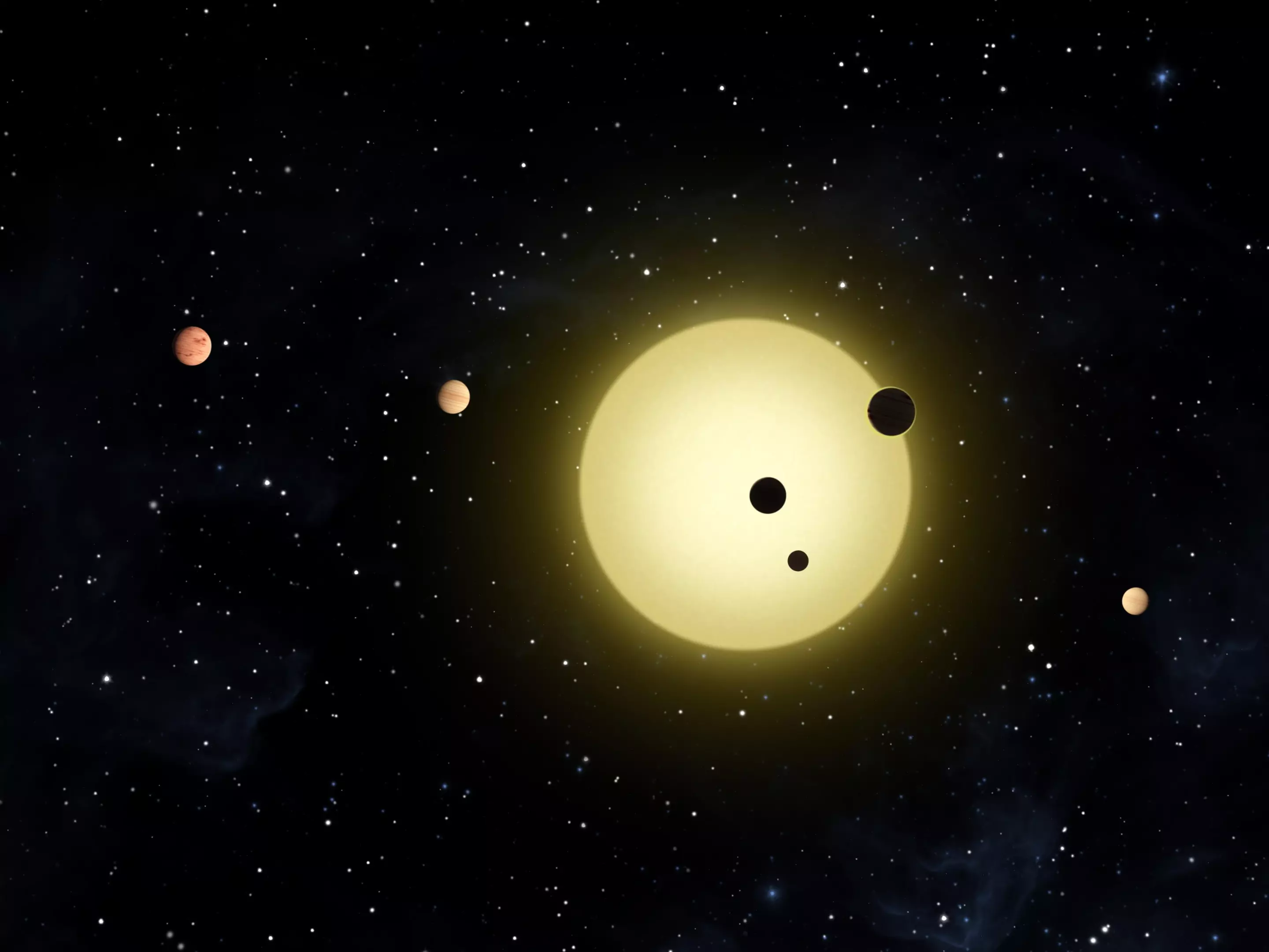 Artist's impression of Kepler-11 planetary system as three planets transit - observed by NASA's Kepler spacecraft on Aug 26 2010 (Credit: NASA - Tim Pyle)