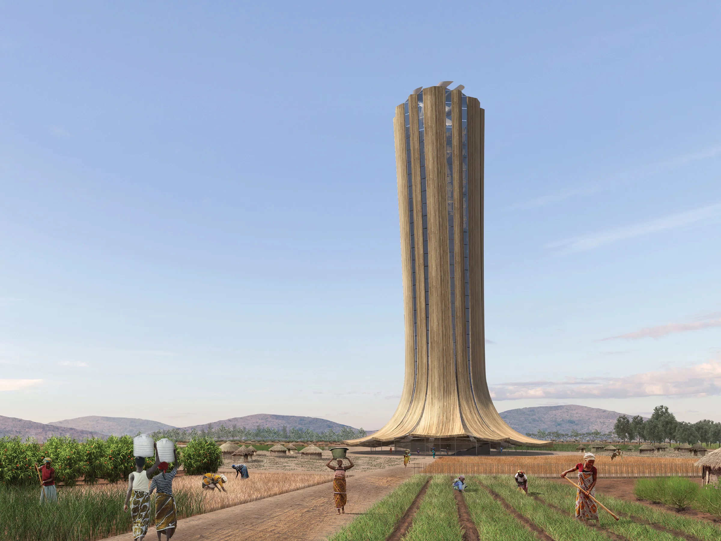 Tree Skyscraper In South Sudan was designed by Israel's Ron Krakovski and Talia Tsuk. The idea is that it would collect rainwater and condensation to ensure a steady supply of drinking water is available to Sudanese people