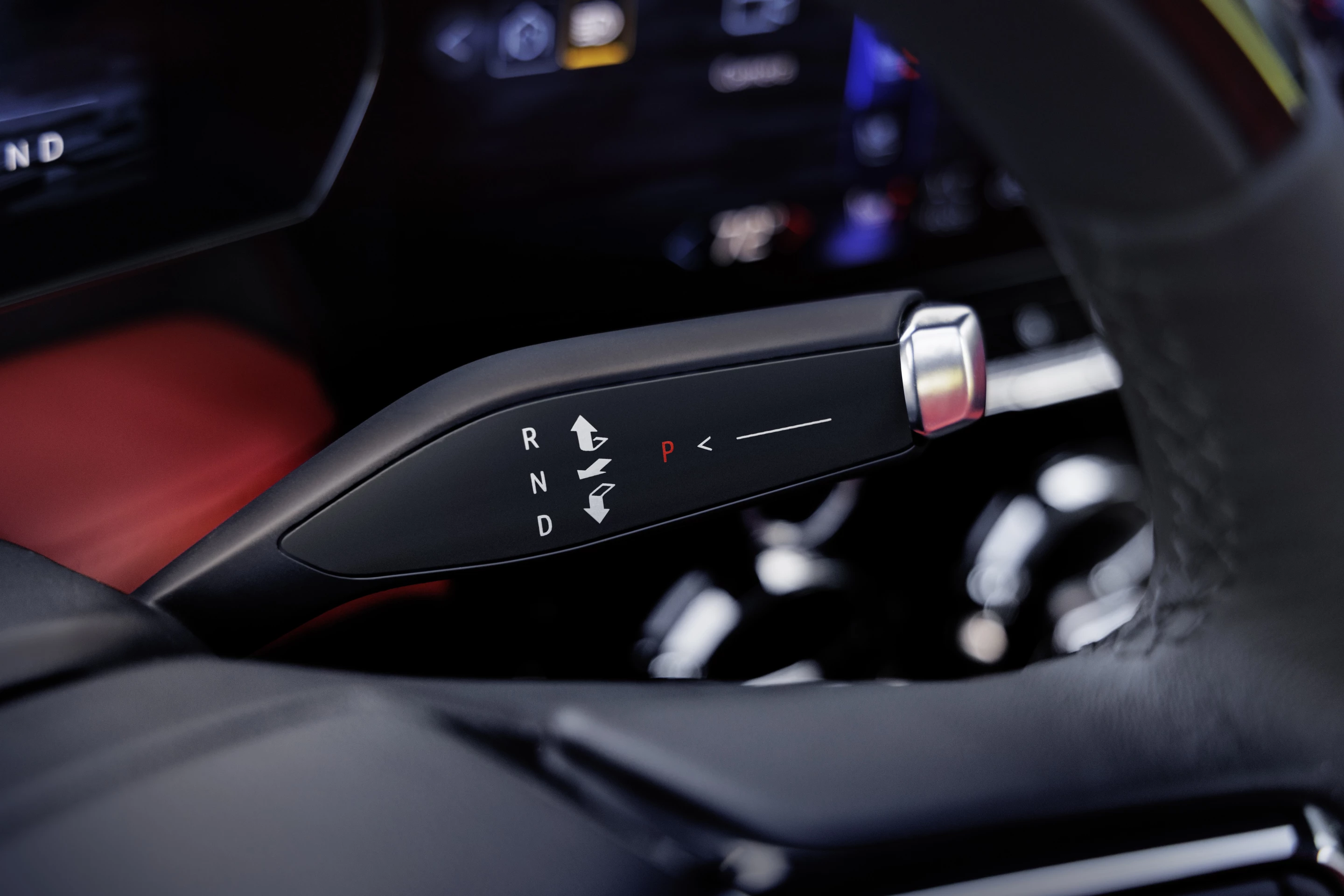 Close up of gear shifter on 2024 Chevrolet Blazer EV SS with Adrenaline Red interior. Preproduction model shown. Actual production model may vary. 2024 Chevrolet Blazer EV available Spring 2023.