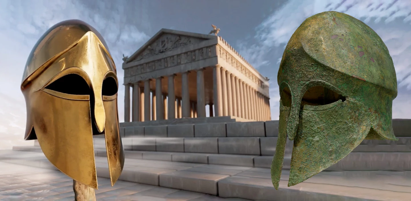 Wearing the patina of 25 centuries of decay and oxidation, this Greek Bronze Corinthian Type helmet might seem difficult to imagine in its prime, when it signified status and cutting-edge technology. The image at left is Christie's illustration of what it would have looked like when new in 500 B.C.